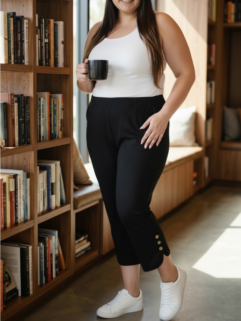 SHEIN Curve Black Cropped Leggings Button Detail Hem Stretch Size 7XL